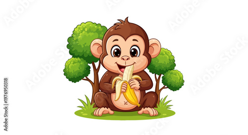 A cute cartoon monkey eating a banana under a green tree isolated on a white background with a playful mood and colorful details.