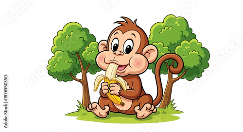 A cute cartoon monkey eating a banana under a green tree isolated on a white background with a playful mood.