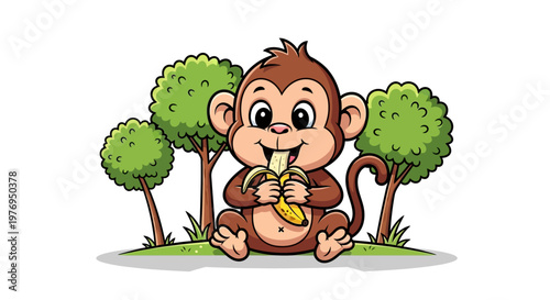 A cute cartoon monkey sits eating a banana under a green tree, isolated on a white background with a playful mood.