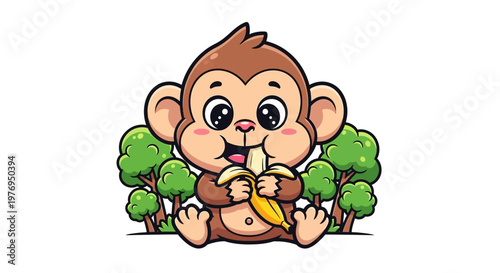 A cute cartoon monkey eating a banana under a green tree isolated on a white background with a playful mood.