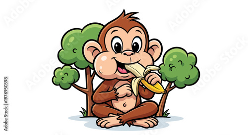 A cute cartoon monkey eating a banana under a green tree isolated on a white background with a playful mood.
