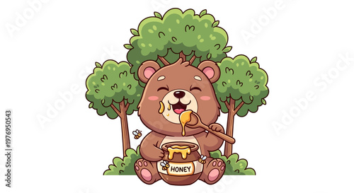 Cute cartoon bear eating honey under a green tree with a jar, surrounded by monkey, squirrel, panda, and rabbit on a white background.