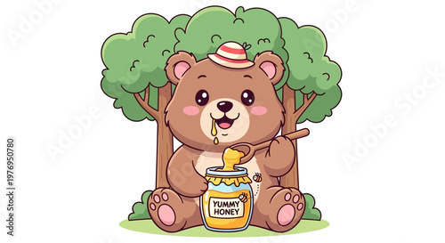 Cute cartoon bear eating honey under a green tree with a jar, accompanied by monkey, squirrel, panda, and rabbit on a white background.