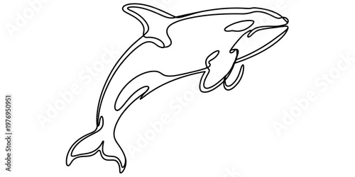 A minimalist black and white line art drawing of a leaping orca whale in a simple artistic style