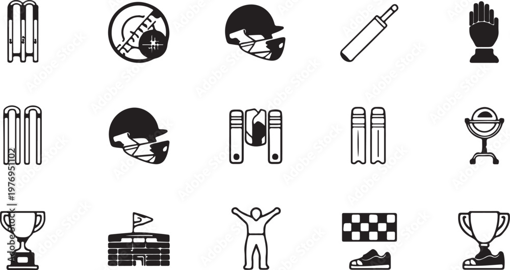 Fototapeta premium A comprehensive set of black and white vector icons representing various cricket sports elements isolated on white background