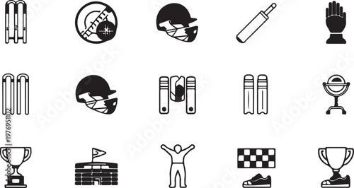 A comprehensive set of black and white vector icons representing various cricket sports elements isolated on white background