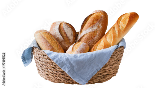 Foto Rustic loaves and baguettes in woven wicker basket with linen cloth