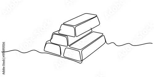 A single continuous line drawing of a stack of three gold bars resting on a flat white background
