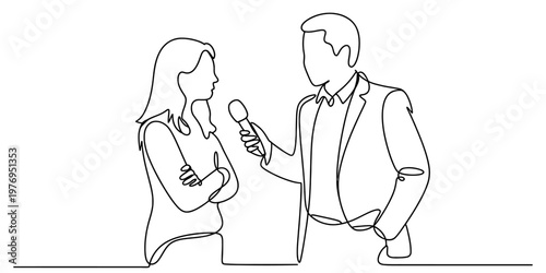 Continuous single line drawing of a professional reporter interviewing a woman for a news story