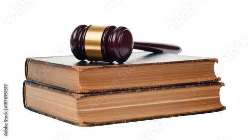 Canvastavla Dark wooden gavel resting atop stacked antique leather books