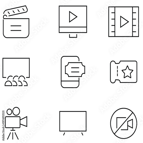 Classic cinema icons. Vector icon set of classic cinema motifs: silent film camera, vintage projector, film reel, oscar, ticket, mask, megaphone. Vector icon. 