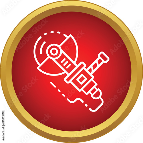 Angle grinder power tool icon representing cutting and metalworking in a red circle
