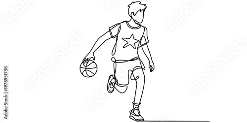 A single continuous line drawing of a young boy dribbling a basketball on a plain white background.