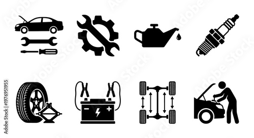 Car repair icons set, auto service symbols, 8 black vector elements