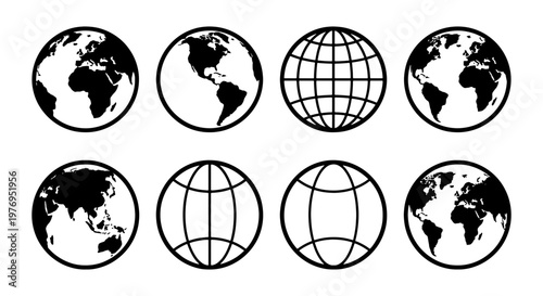 Global earth icon set, 8 world globe vector symbols, planet map icons