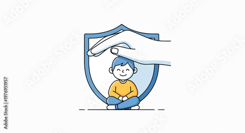 Cartoon illustration of a child sitting cross-legged inside a blue shield with a protective hand reaching over, conveying a sense of safety and protection.