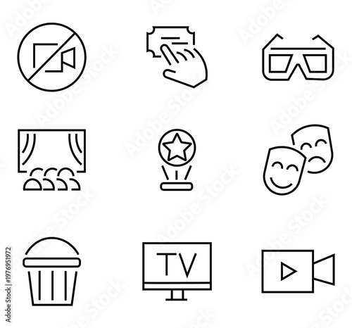 Classic cinema icons. Vector icon set of classic cinema motifs: silent film camera, vintage projector, film reel, oscar, ticket, mask, megaphone. Vector icon. 