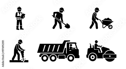 Construction worker icons, road building site pictograms, 6 vector elements