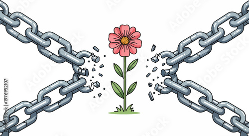 A pink flower grows freely between two broken chains on a white background, symbolizing protection and freedom.