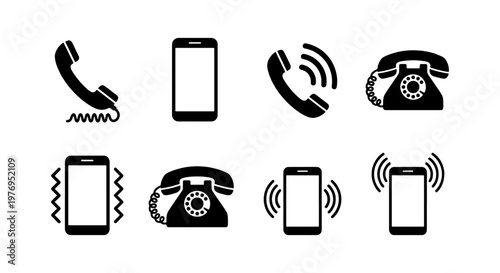 Telephone icon set, vintage rotary phone and smartphone vector icons