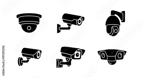 Security camera icon set, 6 CCTV surveillance vectors, black video monitoring
