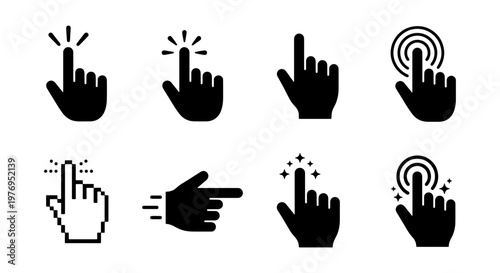 Clicking hand cursor icons, 8 black pointer symbols, web touch gestures