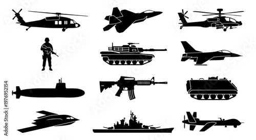 Military vehicle silhouettes, 12 army icons, war equipment vector set