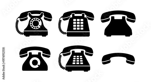 Vintage telephone icon set, retro rotary phone vectors, black landline symbols