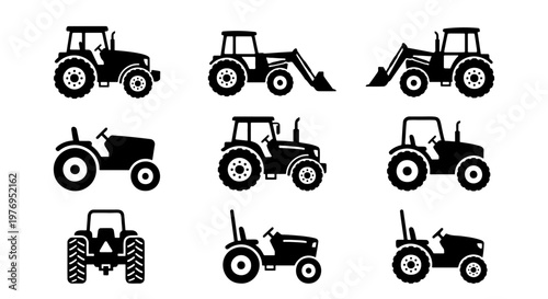 Tractor silhouette set, 9 farm machinery icons, agricultural vehicle vector