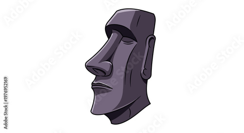 Illustration of a Moai head in dark purple hues against a white background