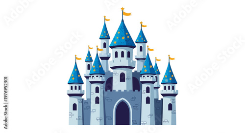 Flat illustration of a blue fantasy castle with gold flags on a white background