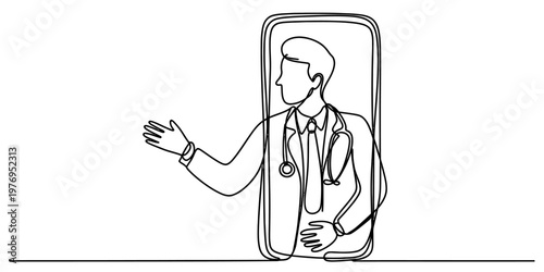 A continuous line drawing of a doctor in a smartphone frame providing online medical consultation