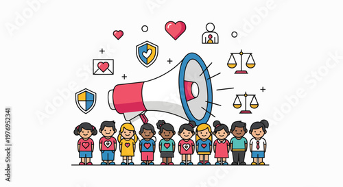 Illustration of diverse group of children standing behind a megaphone with protection and law symbols around them on a white background with colorful flat design.