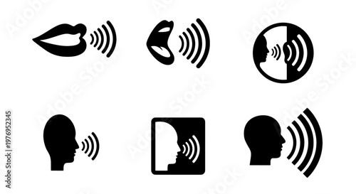Voice control icons, 6 speech recognition vector symbols, talking mouth set