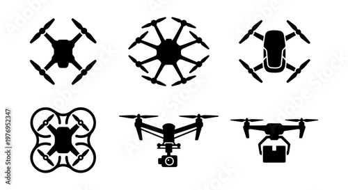 Drone icon set, black quadcopter silhouettes, 6 flying uav vector symbols