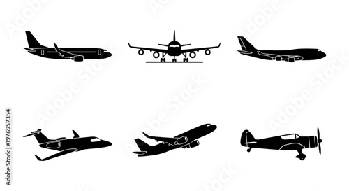 Airplane silhouette vector set, 6 aircraft icons, commercial plane symbols
