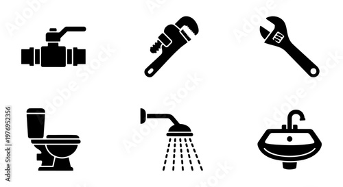 Plumbing service icons set. 6 black vector symbols. Bathroom repair tools.