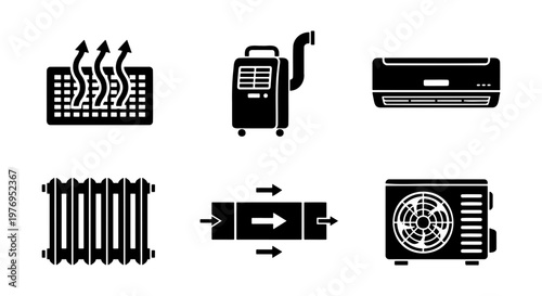 HVAC system icons, air conditioning units, heating radiator vector set
