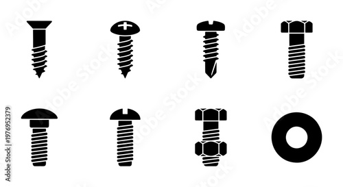 Industrial screw and bolt icons, 8 metal fastener vectors, hardware set
