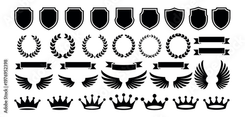 Heraldic silhouette vector set with shields, crowns, and laurel wreaths for emblem, crest, badge, and classic decorative design