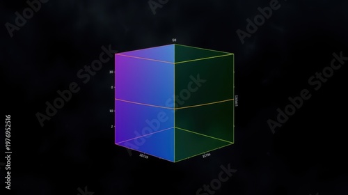 Cube visualization. Gradient colors represent data values. Dark background emphasizes three dimensional shape. Axes indicate numerical scales.
