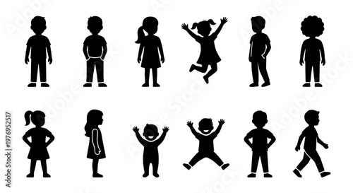 Children silhouette set, 12 kids icons, diverse boy and girl vectors