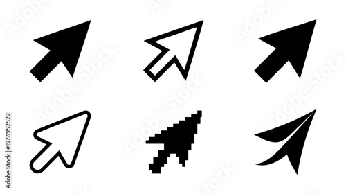 Mouse cursor icon set, 6 black arrow pointers, digital clicker vectors
