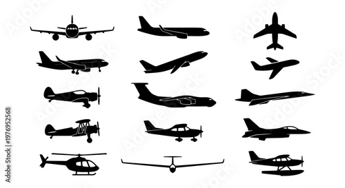 Airplane silhouette icons, 15 aircraft vector set, aviation flight symbols