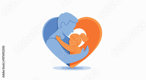 Illustration of a child hugging a heart-shaped puzzle piece with protection and care, in a colorful and symbolic graphic representation.