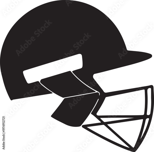 A minimalist black silhouette vector illustration of a cricket helmet used by professional batters isolated on white background