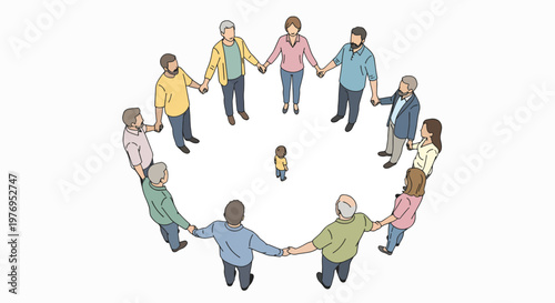 Illustration of diverse people of all ages holding hands in a circle with a child in the center, conveying a sense of unity and protection on a clean white background.
