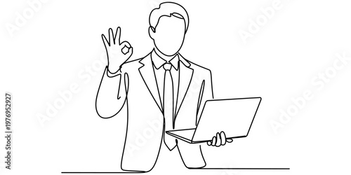 A single line drawing of a businessman in a suit making an okay hand gesture while holding laptop