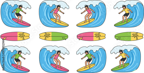Vector illustration of surfers riding waves and colorful surfboards with palm tree designs