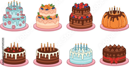 Vector illustration of assorted decorated cakes with fruit, flowers, ribbons, and candles